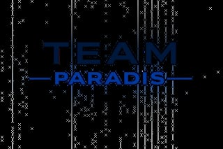 Team Paradis logo in blue text with digital pixelated background effect on black