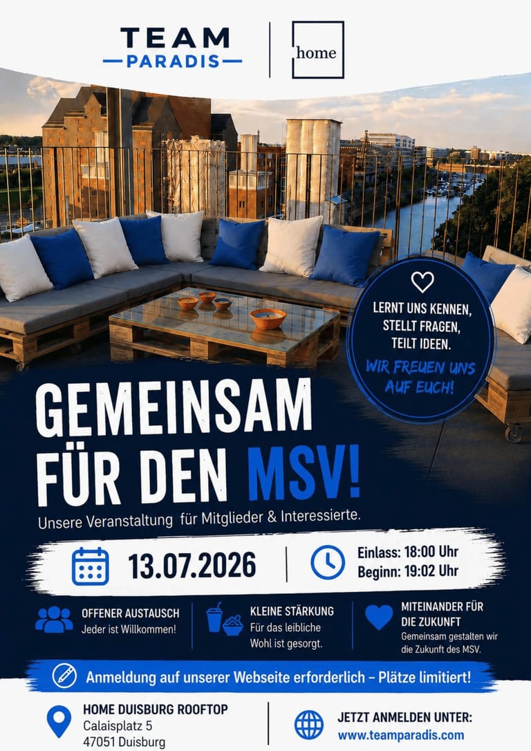 Team Paradis event poster for July 13, 2026 rooftop gathering in Duisburg with blue and white pallet furniture